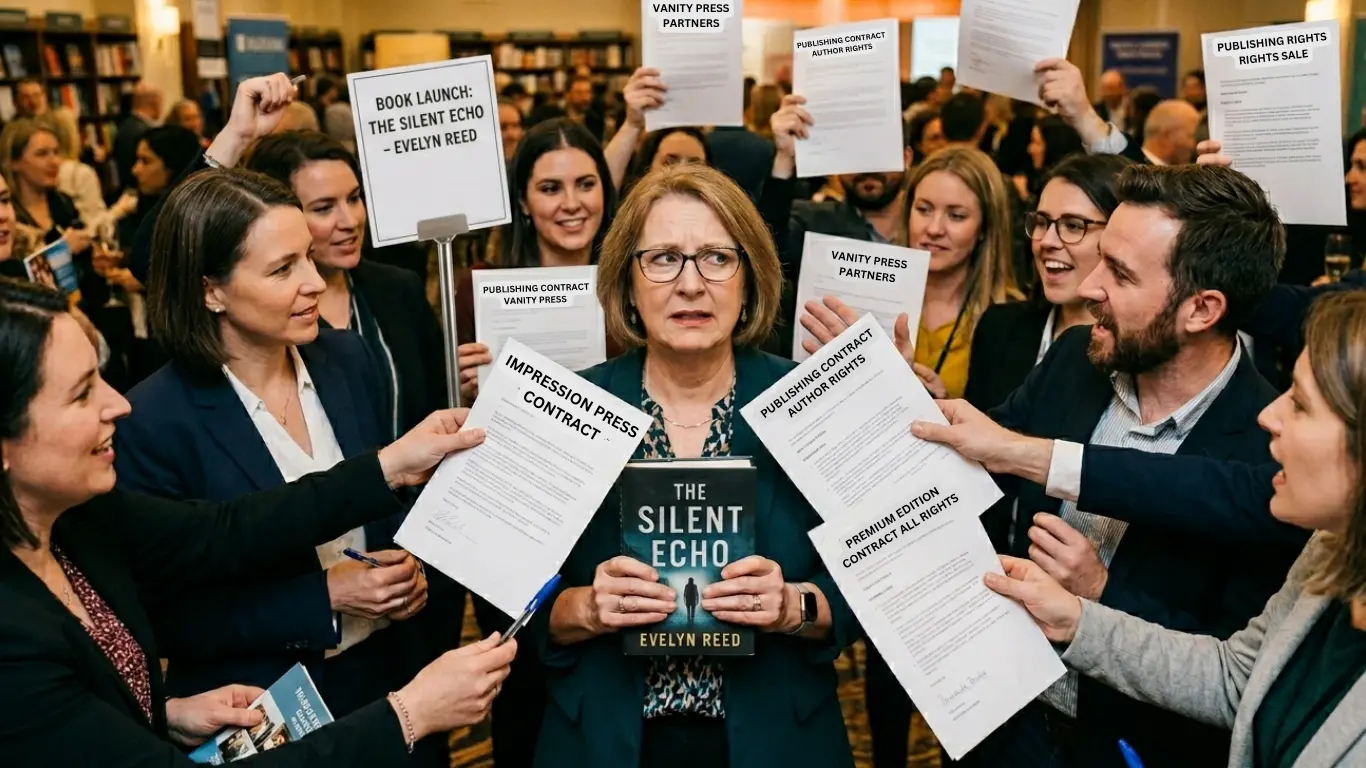 Author overwhelmed by publishing contracts and Vanity Publishing offers while holding a self-published book at a crowded publishing event.