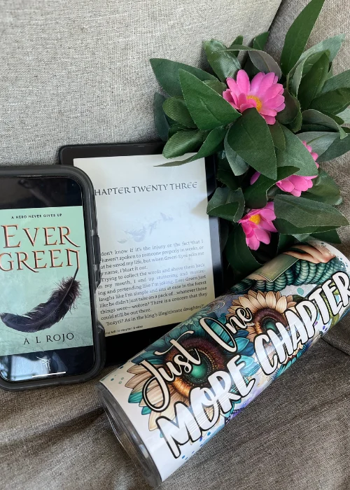 Ever Green ePub designs Kindle | eReader A L Rojo Ever Green | Grey eggshell rocking chair | Just One More Chapter Tumbler | Book Marketing
