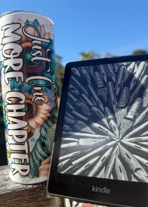Kindle and drink bottle Kindle | eReader in the sun | Just One More Chapter Tumbler | Book Marketing